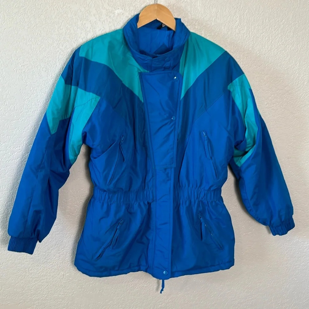 Vintage Blues Colorblock Ski Jacket‎ Womens Medium Blue Teal Retro 80s 90s Puffy